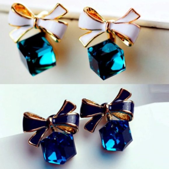 LiveChicStyle Jewelry - Green or Blue CZ Gold Bowed Package Earrings